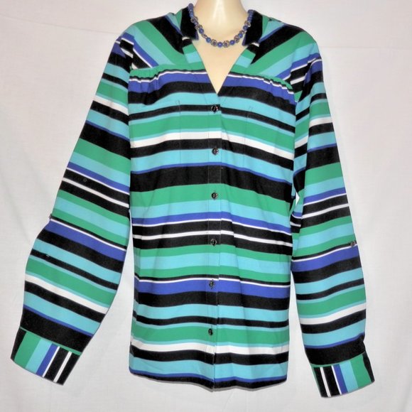 Notations 2X Turquoise Stripe Button Top H580 - Picture 1 of 6